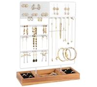 Jewellery Stand, 4 Tier Earring Holder with 84 Holes Ear Stud, Jewellery Organiser Stand with Wood Basic stand, Necklace Stand, Jewellery Display Stand for Earring Ring Ear Stud Bracelet(White+Brown)
