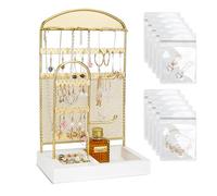 Jewellery Stand, Necklace Organizer Earring Display Holder with Metal Frame and Velvet Tray, Jewelry Tower Display Rack Jewelry Tree for Bracelet Rings Watches with 10 Jewellery Ziploc Bags (gold)