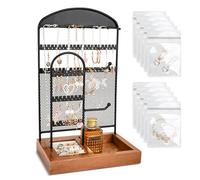 Jewellery Stand, Necklace Organizer Earring Display Holder with Metal Frame and Velvet Tray, Jewelry Tower Display Rack Jewelry Tree for Bracelet Rings Watches with 10 Jewellery Ziploc Bags (black)