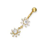jewellerybox 9ct Gold & Double Hanging Clear CZ Crystal Flowers Ball End Belly Bar