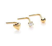 jewellerybox 9ct Yellow Gold Heart, 2mm Bead & 2mm Clear CZ Crystal Nose L Stud Set