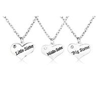 JewelleryJoy Little Middle Big Sister Heart Crystal Charm Chain Necklace for 3 in an Organza Gift Bag
