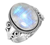 Jeweloporium White Genuine Rainbow Moonstone 925 Sterling Silver Ring for Women Gemstone Victorian Silver Ring Size O Easter Gift Handmade Jewelry
