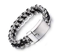 Jewelry 20mm Heavy Men's 316L Stainless Steel Gold Silver Biker Curb with Leather Chain Bracelet Bangle