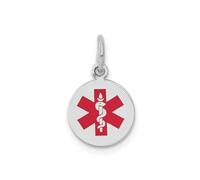 Jewelry Affairs White Gold Red Enamel Medical Alert Disc Pendant, 15mm