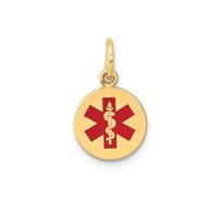 Jewelry Affairs Yellow Gold Red Enamel Medical Alert Disc Pendant, 15mm