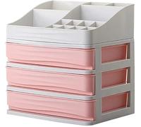Jewelry and Cosmetic Storage Boxes with 3 Drawers and Brush Holder Desktop Classification Container Multi-Layer Office Sundries Storage (Color : Pink)