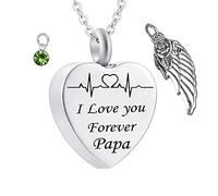 Jewelry Ashes Necklace,Heart with Angel Wing Birthstone and ECG Engraving I Love You Forever Papa Stainless Steel Urn Pendants Urn Necklace
