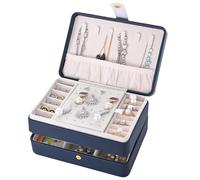 Jewelry Box,3 Layer Leather Jewellry Storage Boxes Small Travel Portable Jewelry Organiser Box for Women and Men Removable Flocking Compartment Gift for Girl Necklace Ring Earrings Bracelet (Blue)