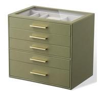 Jewelry Box Organizer Case for Women: 5-Layer Jewelry Storage Case with Glass Window, Olive Green Leather with Cream Velvet, Holder for Ring Necklace Bracelet Brooch Watch, Great Gift for Her