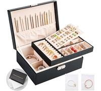 Jewelry Boxes for Women Girls 2 Layers Jewelry Organizer Box leather Jewelry Case with Lock Jewelry Storage Box Removable Tray for Necklace Earring Ring with Polishing Cloth and 5 PCS Jewelry Bags