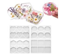 Jewelry Decor Resin Forms, Silicone Casting 4 Pack with Mixed Heart Round Square Polygon Templates for Epoxy Use, Accent Display Pieces Deeps Coasters Resin Molds for Flower Bouquet Silicone
