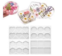 Jewelry Decor Resin Forms, Silicone Casting 4 Pack with Mixed Heart Round Square Polygon Templates for Epoxy Use, Accent Display Pieces Deeps Coasters Resin Molds for Flower Bouquet Silicone