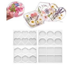 Jewelry Decor Resin Forms, Silicone Casting 4 Pack with Mixed Heart Round Square Polygon Templates for Epoxy Use, Accent Display Pieces Deeps Coasters Resin Molds for Flower Bouquet Silicone