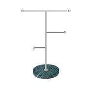 Jewelry Organizer,Metal T-Bar Necklace Display Stand Earrings Holder for Home, Hanging Pendant Rack with Marble Pattern Round Tray for Bracelets Rings Watches (B-Blue)