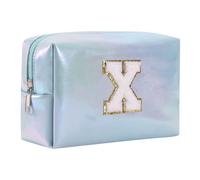 Jewelry Pouch Large Capacity Embroidered Alphabet Makeup Bag Toiletry Bag Travel Storage Clutch Handbag Cosmetic Blue 360 Makeup Rotating Organizer (X, One Size)