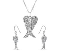 Jewelry Set Amulet Feathered Heart Guardian Angel Wing Pendant Necklace Dangle Earrings For Women Teen Antiqued .925 Sterling Silver
