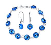 Jewelry Set Good Luck Amulet Turkish Translucent Glass Bead Evil Eye Bracelet Earrings For Women Teen .925 Sterling Silver Blue 7.5 Inch