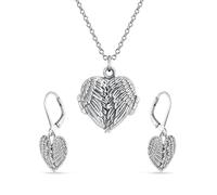 Jewelry Set Spiritual Amulet Heart Shaped Guardian Angel Wings Feather Photo Locket Necklace Pendant Dangle Earrings For Women Teens Oxidized .925 Sterling Silver Lever Back