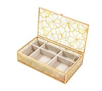 Jewelry Storage Box with Hinged Lid and Side, 6 Squares | Floral Pattern and Gold-Tone Trim, Clear View of Stored Jewelry, Dedicated Display Space for Rings and Earrings
