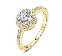 JewelryPalace 1.5ct Cubic Zirconia Round Cut Halo Engagement Rings for Her, 14K Yellow Gold Plated 925 Sterling Silver Promise Ring for Women, Simulated Diamond Anniversary Ring Jewellery Sets K