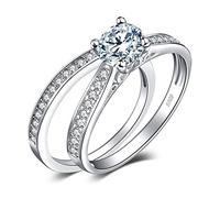 JewelryPalace 1ct Simulated Diamond Engagement Rings for Women, 14k White Gold Plated 925 Sterling Silver Promise Rings for her, Cubic Zirconia Anniversary Wedding Eternity Band Ring Set M