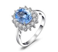 JewelryPalace Blue Topaz Colored Created Spinel Birthstone Halo Solitaire Engagement Rings For Women For Girls 14K White Gold Plated Ring Princess Diana William Kate Middleton Size M