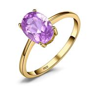 JewelryPalace Class Natural Gemstone Amethyst Birthstone Solitaire Engagement Rings for Women, Anniversary 14k Yellow Gold Plated 925 Sterling Silver Promise Rings for Her, Jewellery Sets P