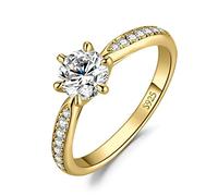 JewelryPalace Classic 0.5t Moissanite Solitaire Engagement Rings for Her, 14K Yellow Gold Plated 925 Sterling Silver Promise Ring for Her, Round Simulated Diamond Anniversary Wedding Rings D-F VVS J