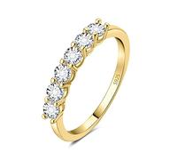 JewelryPalace Classic 0.6ct Cubic Zirconia Wedding Rings for Women, Half Eternity 14k Yellow Gold Plated 925 Sterling Silver Promise Ring for Her, Round Cut Simulated Diamond Band Ring Size 8