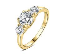 JewelryPalace Classic 3 Stones 1ct Cubic Zirconia Engagement Rings for Women, 14k Yellow Gold Plated 925 Sterling Silver Promise Ring for Her, Round Cut Simulated Diamond Wedding Rings Size 6.5