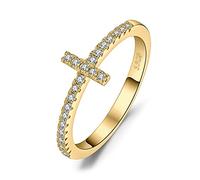 JewelryPalace Cross Sideways Promise Ring for her, 14K Gold Plated 925 Sterling Silver Rings for Women, Anniversary CZ Simulated Diamond Ring, Girls Womens Jewellery Gifts