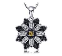 JewelryPalace Daisy Sunflower Genuine Smoky Quartz Black Spinel Pendant Necklace for Women, Flower 14K White Gold Plated 925 Sterling Silver Necklace, Natural Gemstone Jewellry Sets 18 Inches Chain