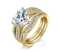 JewelryPalace Love Heart 3ct Cubic Zirconia Solitaire Engagement Rings for Women, 925 Sterling Silver Yellow Gold Promise Ring for her, Simulated Diamond Twisted Wedding Band Enhancer Bridal Sets 9