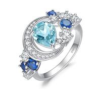 JewelryPalace Moon Star 2.2ct Pear Cut Genuine Sky Blue Topaz Created Sapphire Statement Rings for Women, 14k White Gold Plated 925 Sterling Silver Ring for Her, Natural Gemstone Jewellery Sets 9