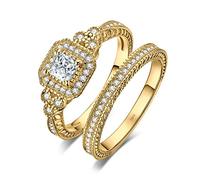 JewelryPalace Princess Cut 2ct Halo Cubic Zirconia Engagement Rings for Women, 14k Yellow Gold Plated 925 Sterling Silver Promise CZ Rings, Vintage Thick Anniversary Wedding Bands Ring Set 5.5