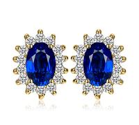 JewelryPalace Princess Diana Kate Middleton Class Gemstone Birthstone Royal Blue Created Spinel Stud Earrings for Women, 14K Yellow Gold Plated Earrings for Women, Earings Set