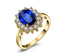 JewelryPalace Princess Diana Kate Middleton Gemstone Birthstone Blue Sapphire Halo Statement Engagement Rings for Women, 14K Yellow Gold Plated 925 Sterling Silver Promise Rings for Her Size 10