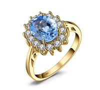 JewelryPalace Princess Diana Kate Middleton Gemstone Birthstone Blue Topaz Halo Statement Engagement Rings for Women, 14K Yellow Gold Plated 925 Sterling Silver Promise Rings for Her Size 6