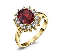 JewelryPalace Princess Diana Kate Middleton Gemstone Birthstone Genuine Red Garnet Halo Statement Engagement Rings for Women, 14K Yellow Gold Plated 925 Sterling Silver Promise Rings for Her Size 8.5