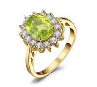 JewelryPalace Princess Diana Kate Middleton Gemstone Birthstone Peridot Colored Cubic Zirconia Halo Statement Engagement Rings for Women, 14K Yellow Gold Plated Promise Rings for Her Size O
