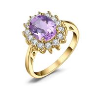 JewelryPalace Princess Diana Kate Middleton Gemstone Birthstone Purple Amethyst Colored Cubic Zirconia Halo Statement Engagement Rings for Women, 14K Yellow Gold Plated Promise Rings for Her Size J