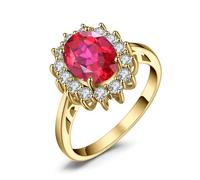 JewelryPalace Princess Diana Kate Middleton Gemstone Birthstone Red Ruby Halo Statement Engagement Rings for Women, 14K Yellow Gold Plated Promise Rings for Her Size V