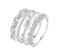 JewelryPalace Princess Emerald Cut CZ Stackable Wedding Ring Eternity Bands for Women, Cubic Zirconia 14K White Gold Plated Promise Ring for Her, 4pc Anniversary Ring Sets P