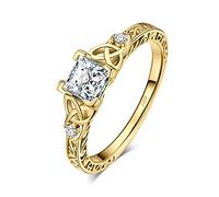 JewelryPalace Vintage Celtic Knot Princess Cut 1.2ct Cubic Zirconia Solitaire Engagement Rings for Women, 14k Yellow Gold Plated 925 Sterling Silver Promise Rings, Simulated Diamond Ring Size 10