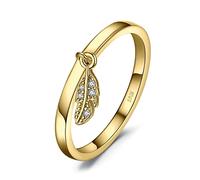 JewelryPalace Vintage Charm Feather Eternity Rings For women, Dangle Leaf 14K Yellow Gold Plated 925 Sterling Silver Rings for Her, Anniversary Wedding band Jewellery Gifts O