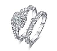 JewelryPalace White Gold Plated 925 Sterling Silver Rings Women Promise Ring, Engagement Rings for her, Vintage Thick Wedding Rings, 2ct Princess Cut Halo Simulated Diamond Ring Set Anniversary