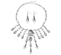JewelryWe 2-Piece Skull Necklace & Earrings Set - Adjustable Gothic Pirate Tassel Collar Skeleton Punk Horror Jewelry for Women Halloween