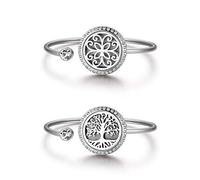 JewelryWe 2PCS Essential Oil Aromatherapy Diffuser Locket Bracelet,Hollow Flower/Tree of Life Pattern Charm Openable Stainless Steel Bangle for Ladies Women