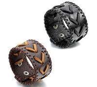 JewelryWe 2PCS Leather Cuff Wide Leather Bangle Bracelet, Men Cuff Bracelets Puck Rock Brown Black